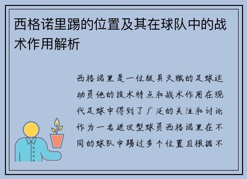 西格诺里踢的位置及其在球队中的战术作用解析